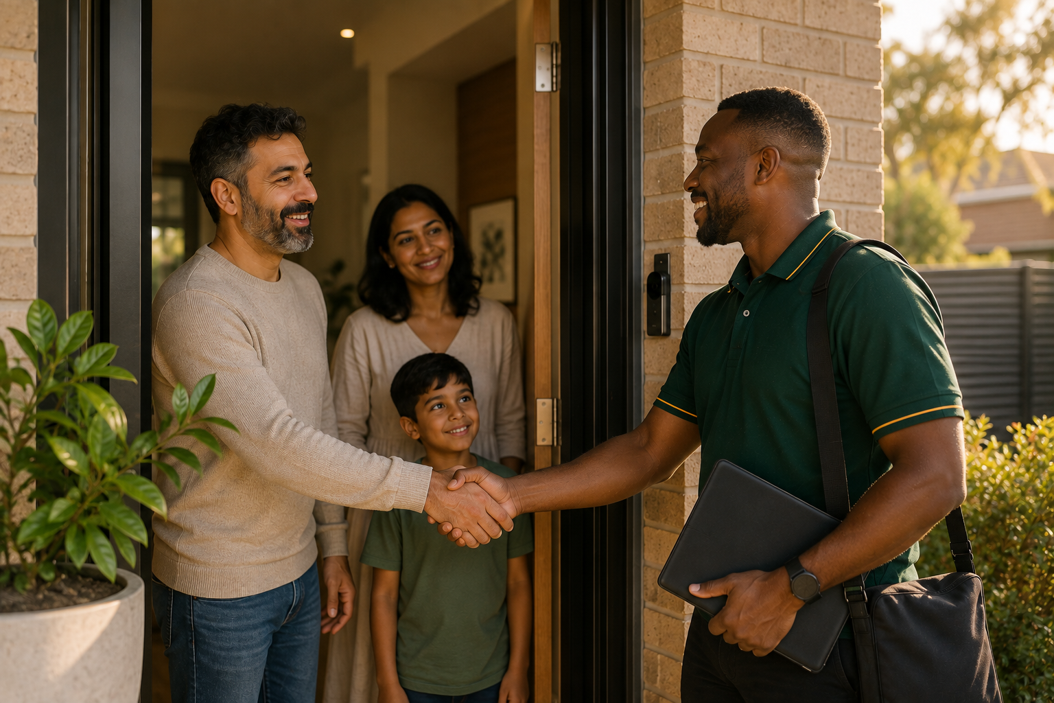 A friendly Niel Health Services support worker in an emerald polo greets a smiling family at their Australian home doorway, shaking hands with the father while the mother and child welcome him warmly