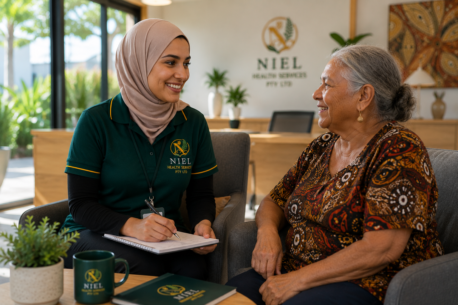 A Niel Health Services support worker in an emerald polo listening attentively to an older participant during a relaxed consultation in a bright modern office lounge