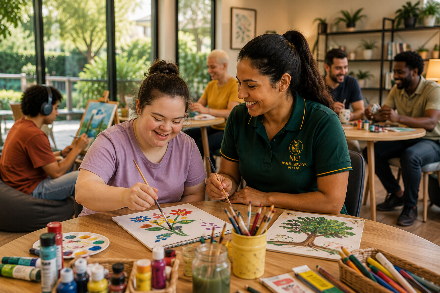 A NIEL support worker in an emerald uniform painting alongside a participant in a bright, light-filled art studio with art supplies and colourful canvases