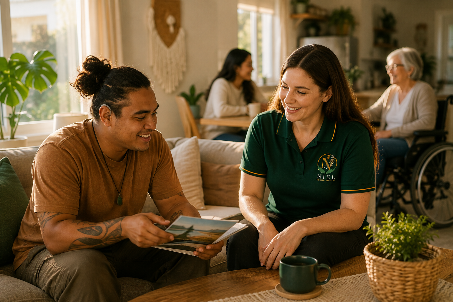 A Niel Health Services support worker in an emerald polo sits on a couch with a participant, sharing a photo album together, while another team member and an older participant in a wheelchair connect in the background of a bright modern Australian home