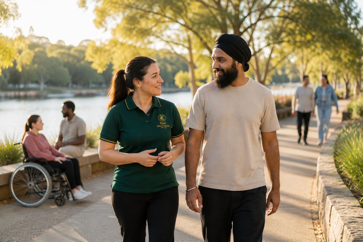 NIEL support worker in an emerald uniform walking alongside a participant on a sunny lakeside path in an Australian park, with other people relaxing and chatting nearby
