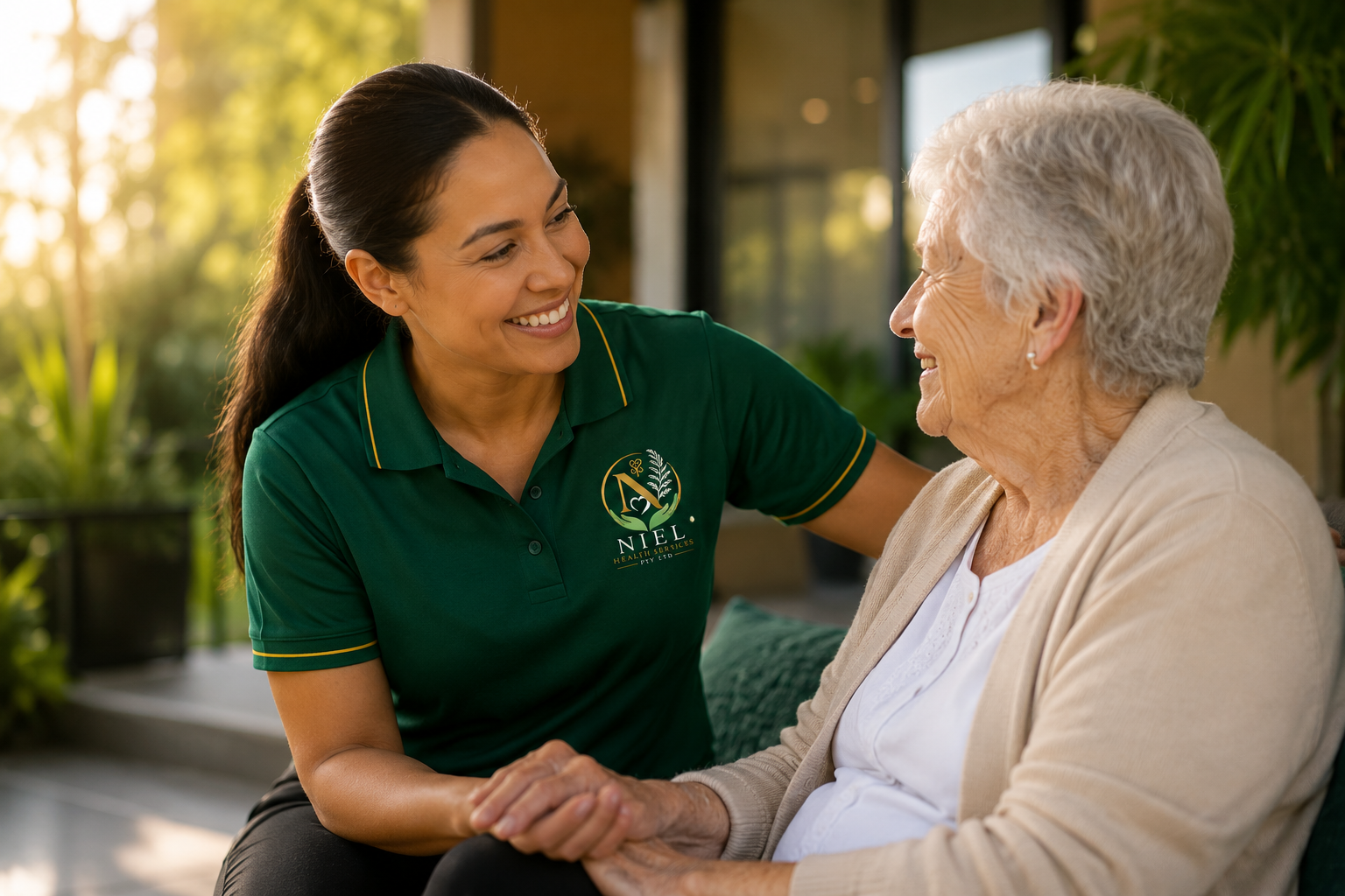A Niel Health Services support worker sitting beside an elderly participant on a sunlit Australian patio, holding hands and smiling together