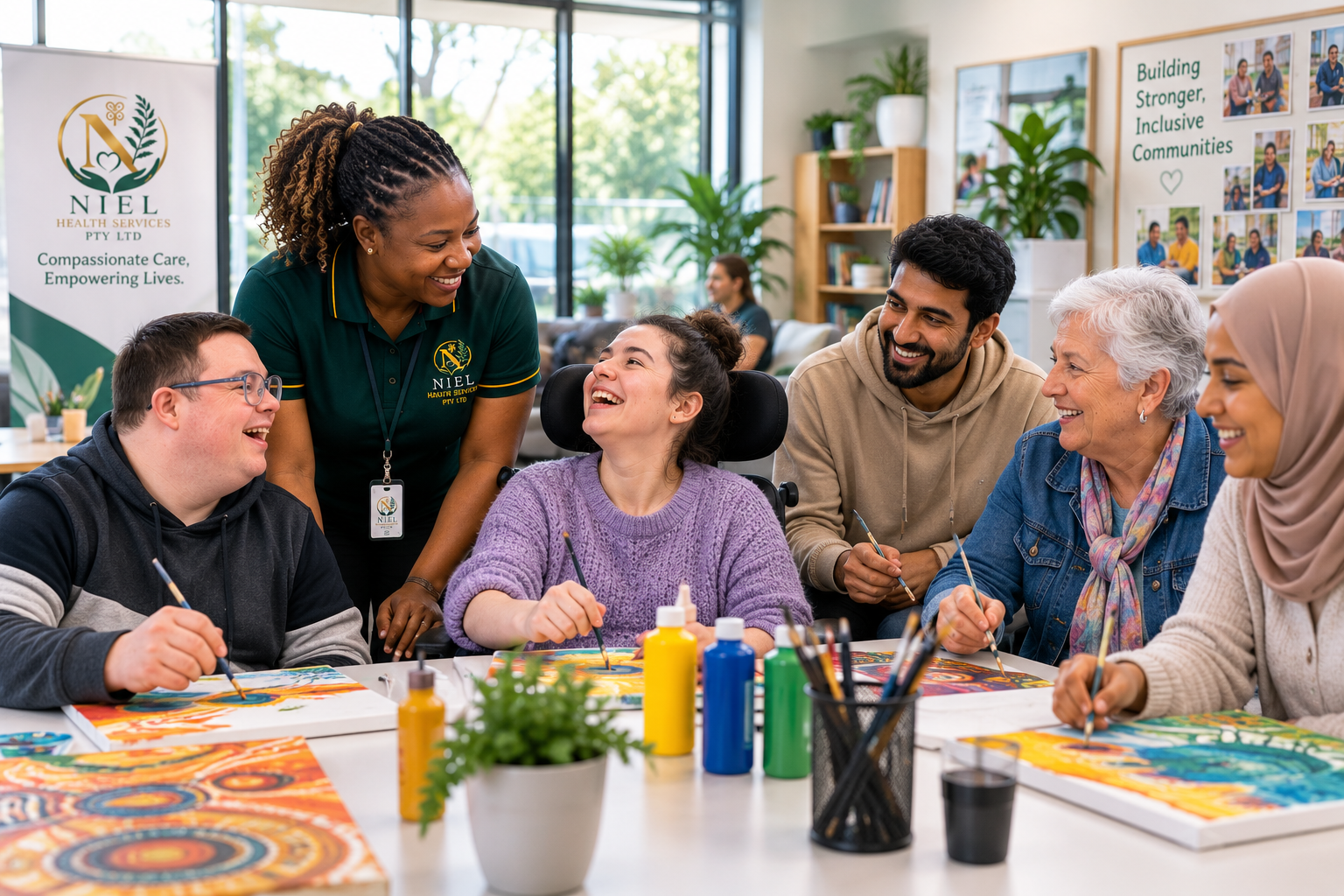 A diverse group of participants and a Niel Health Services support worker enjoying a creative art session together, laughing and painting in a bright modern community space