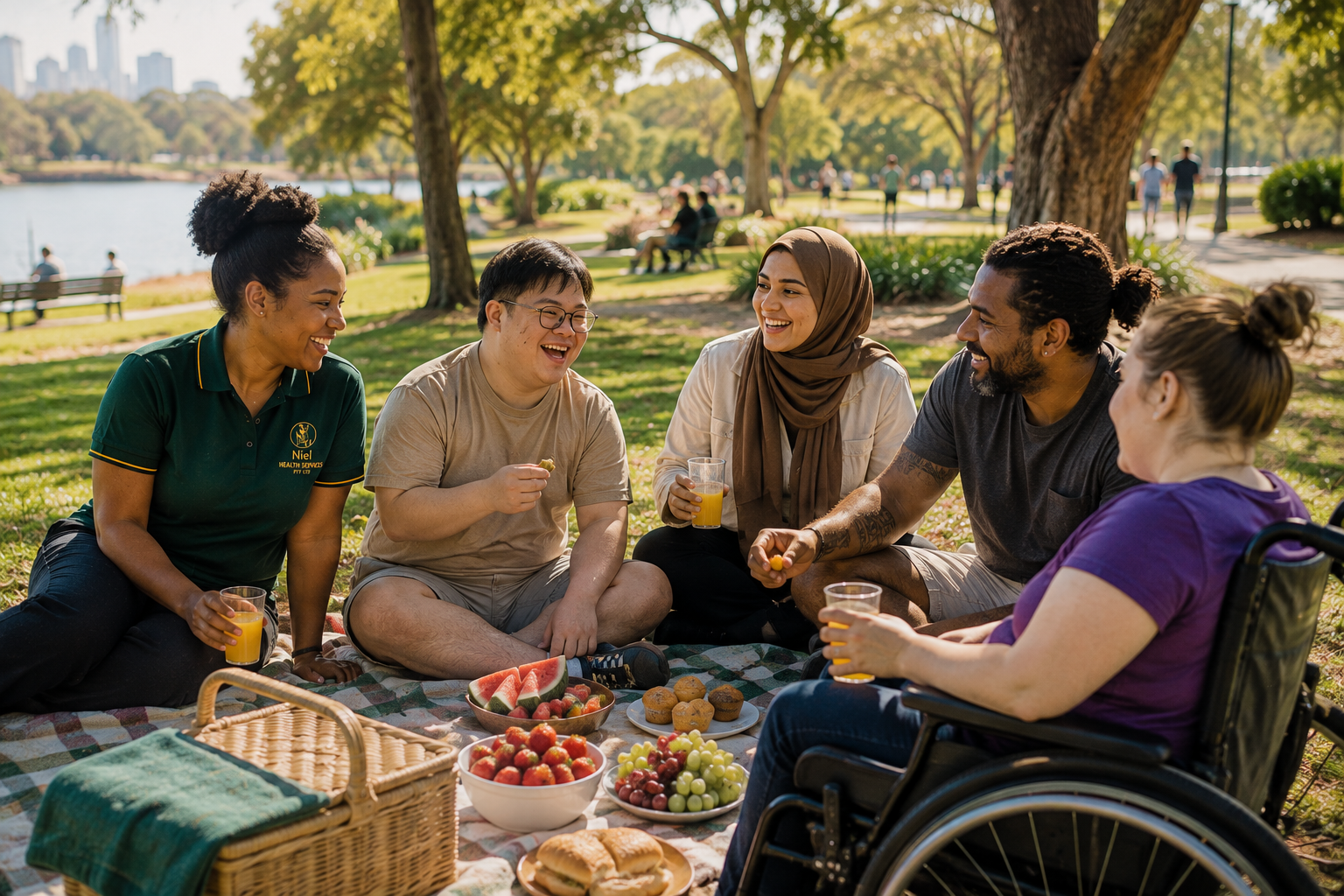 A NIEL support worker in an emerald uniform sharing a picnic on a sunny Australian lakeside lawn with participants, including a person in a wheelchair, surrounded by fruit and drinks