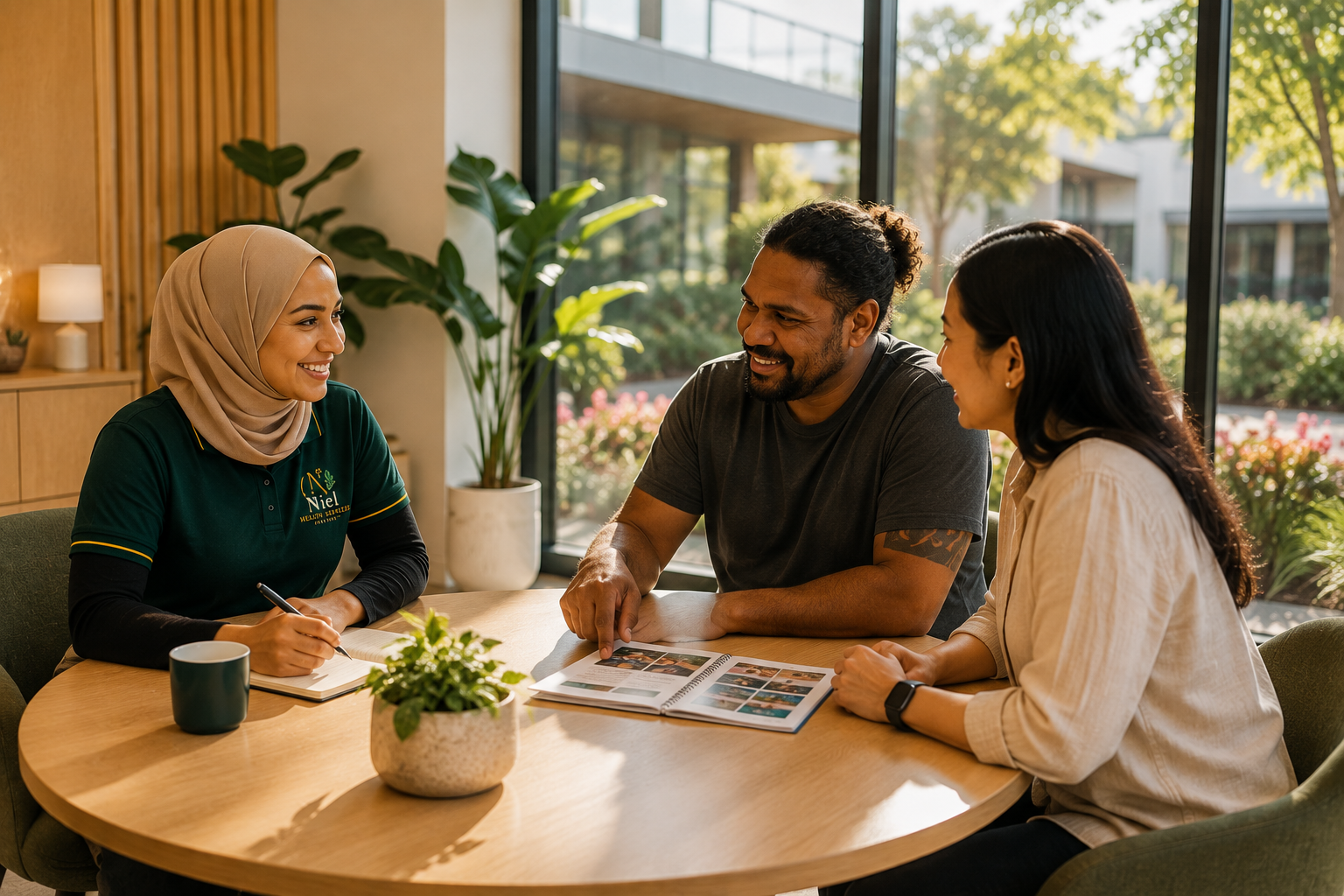 A NIEL support worker in an emerald polo with gold trim sits at a round table with a couple, reviewing a photo album together in a bright modern office