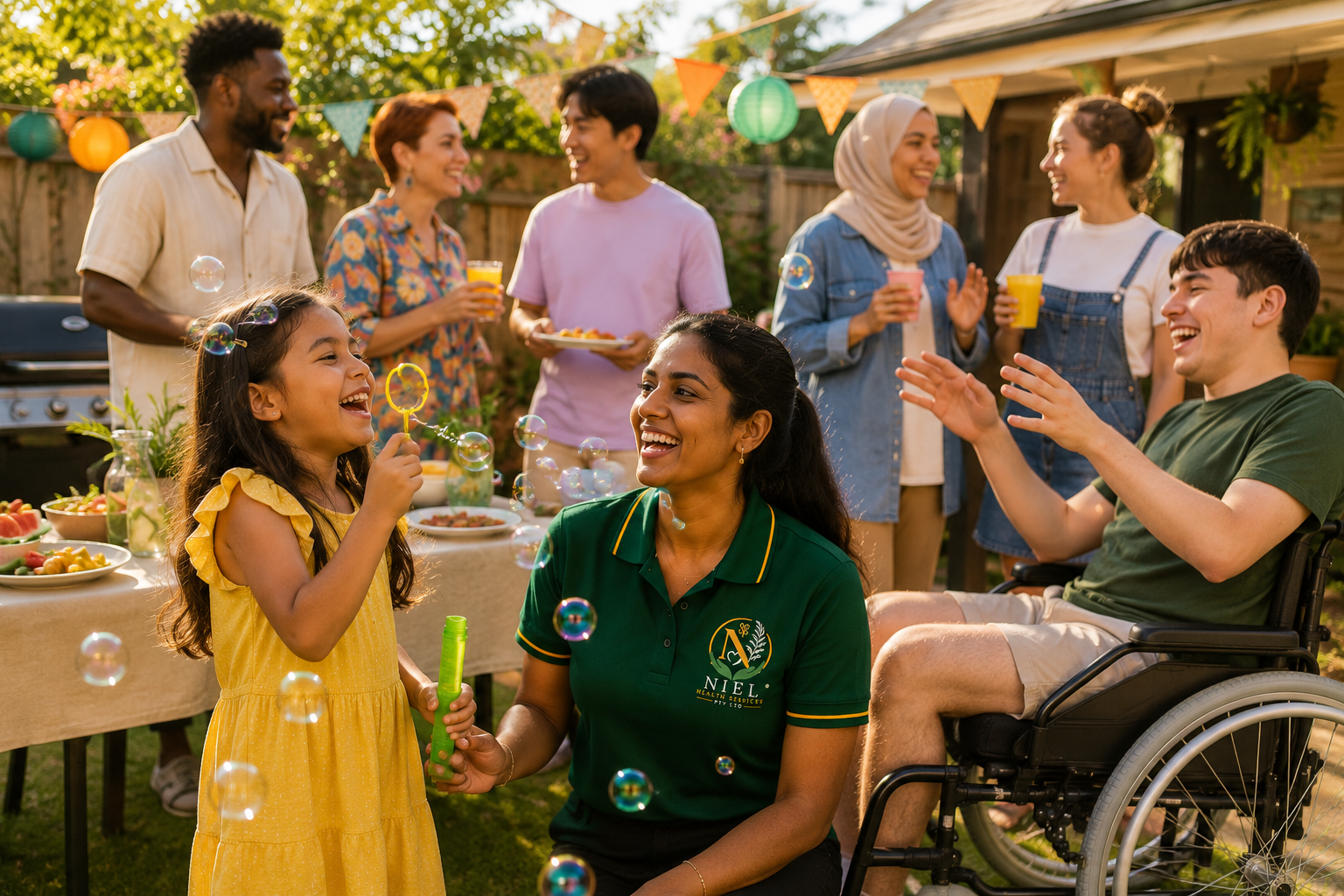 A warm Australian backyard celebration where a diverse community of participants and families laugh, blow bubbles and share joy together, with a Niel Health support worker in an emerald polo joining the moment