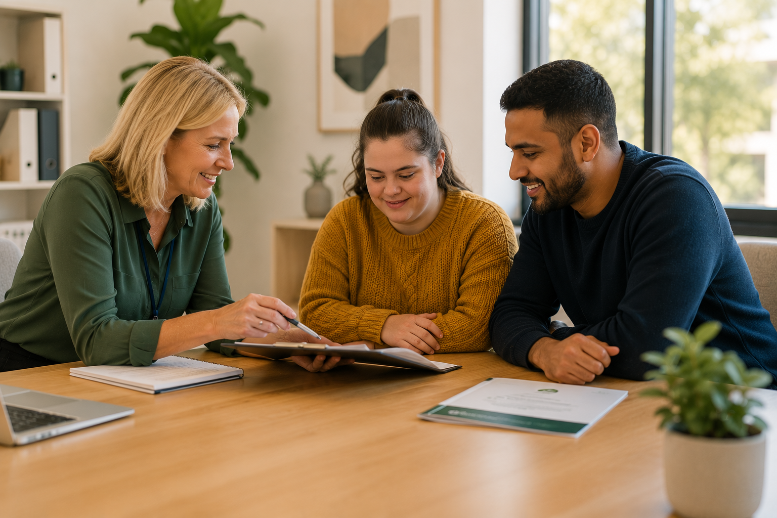 A support coordinator reviews a referral document at a table with a young woman with disability and her support person in a bright Australian office