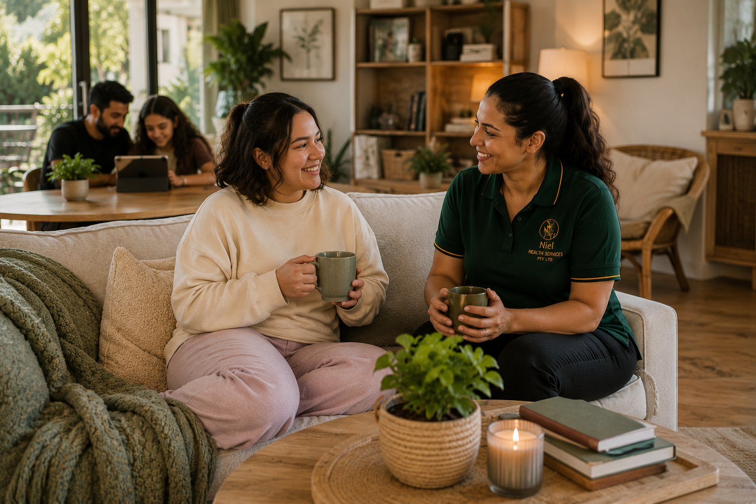 A NIEL support worker in an emerald uniform enjoying a cup of tea and conversation with a participant on a comfortable couch in a warm, modern lounge
