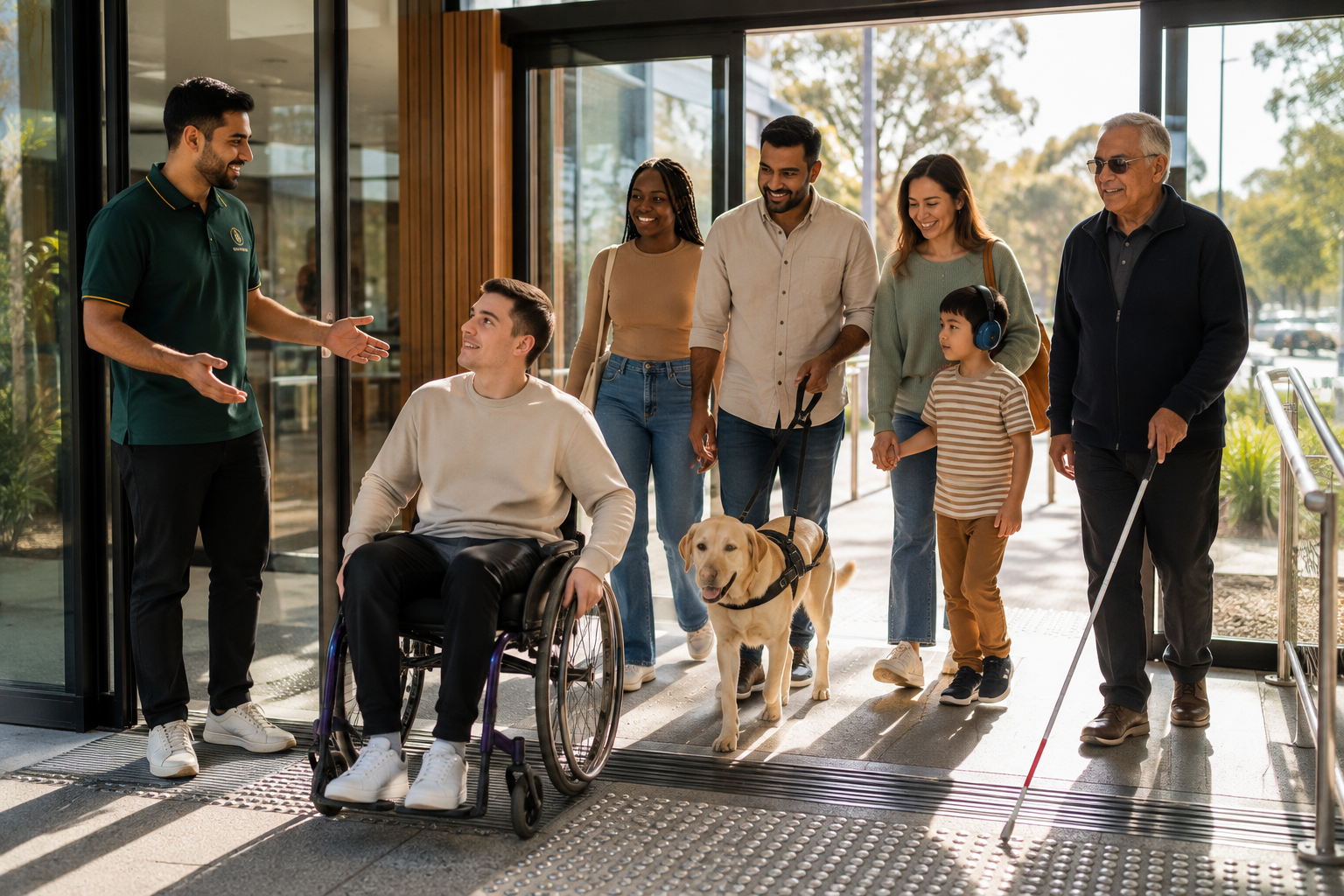 A NIEL Health Services support worker in an emerald uniform welcomes a diverse group of participants and families at a modern accessible entrance, including a person using a wheelchair, a guide dog, a child with headphones and an older person with a white cane