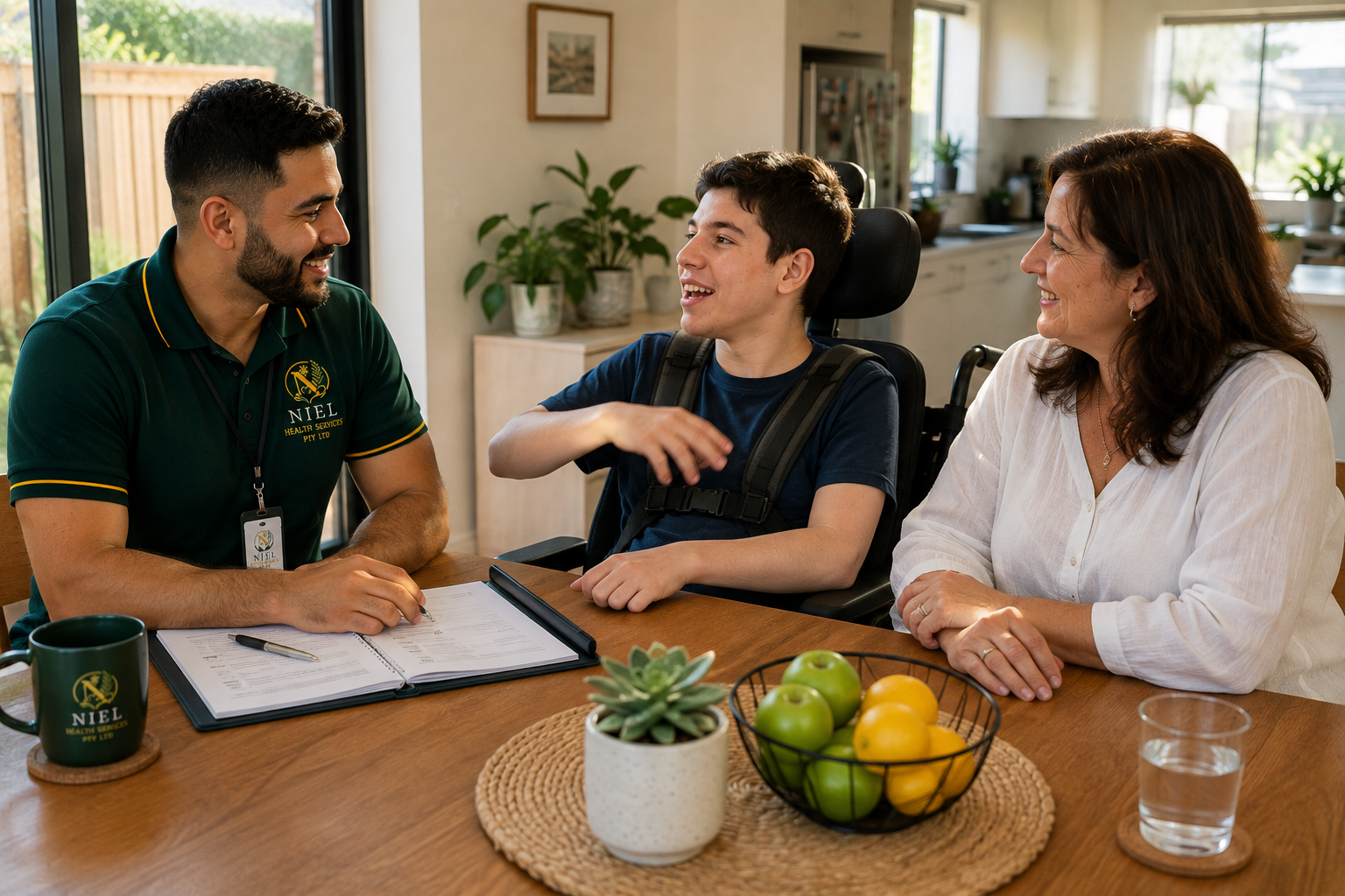 A Niel Health Services support worker in an emerald polo facilitates a participant-led planning discussion with a young man in a wheelchair and his mother in a warm modern Australian home