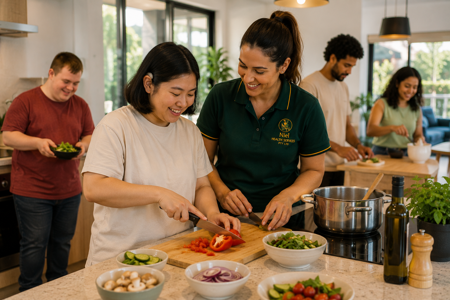 A NIEL support worker in an emerald uniform helping a participant chop vegetables in a bright modern kitchen while others prepare food nearby