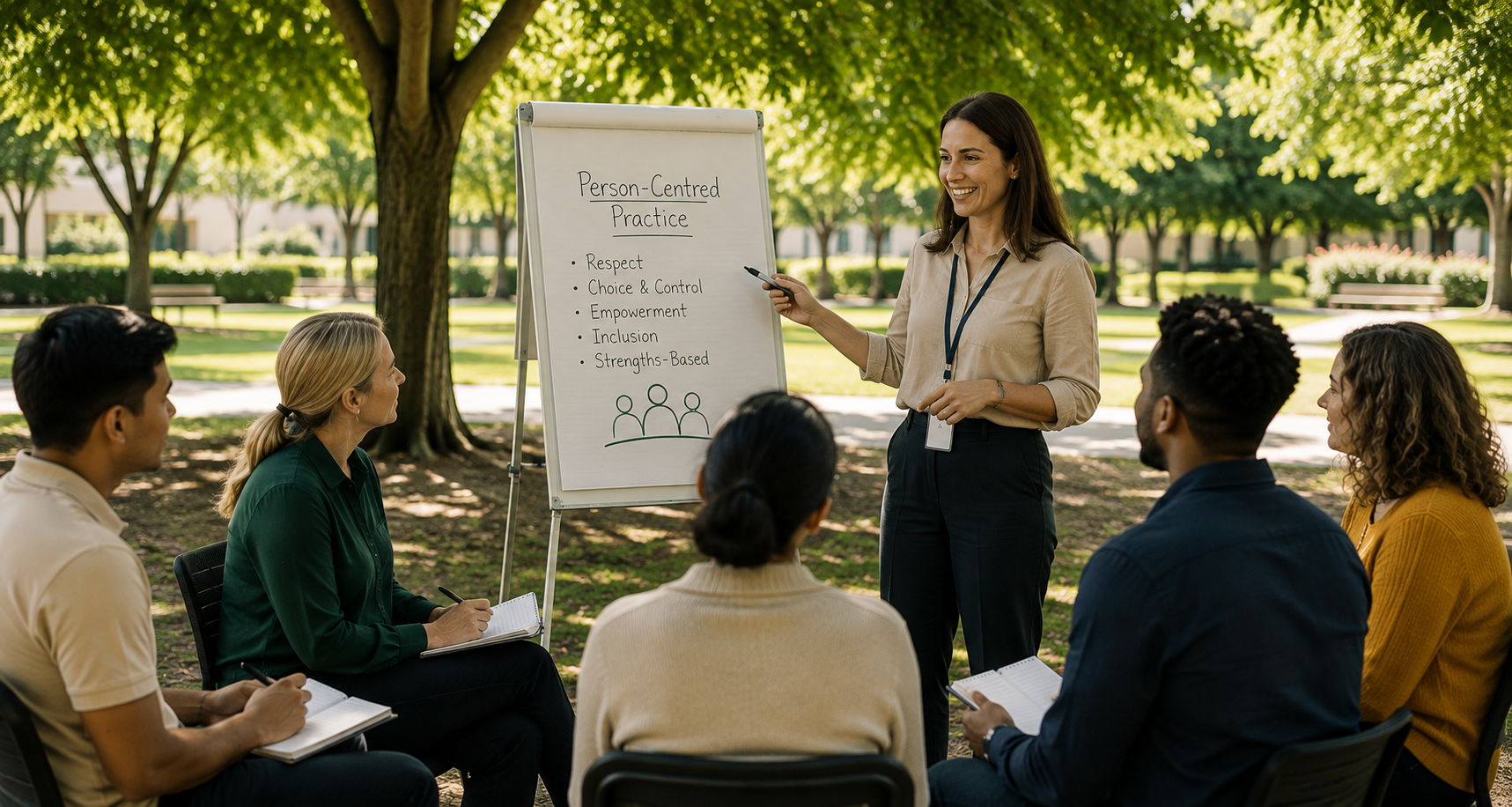 A Niel Health Services facilitator presenting person-centred practice principles to a diverse team gathered outdoors in a park setting