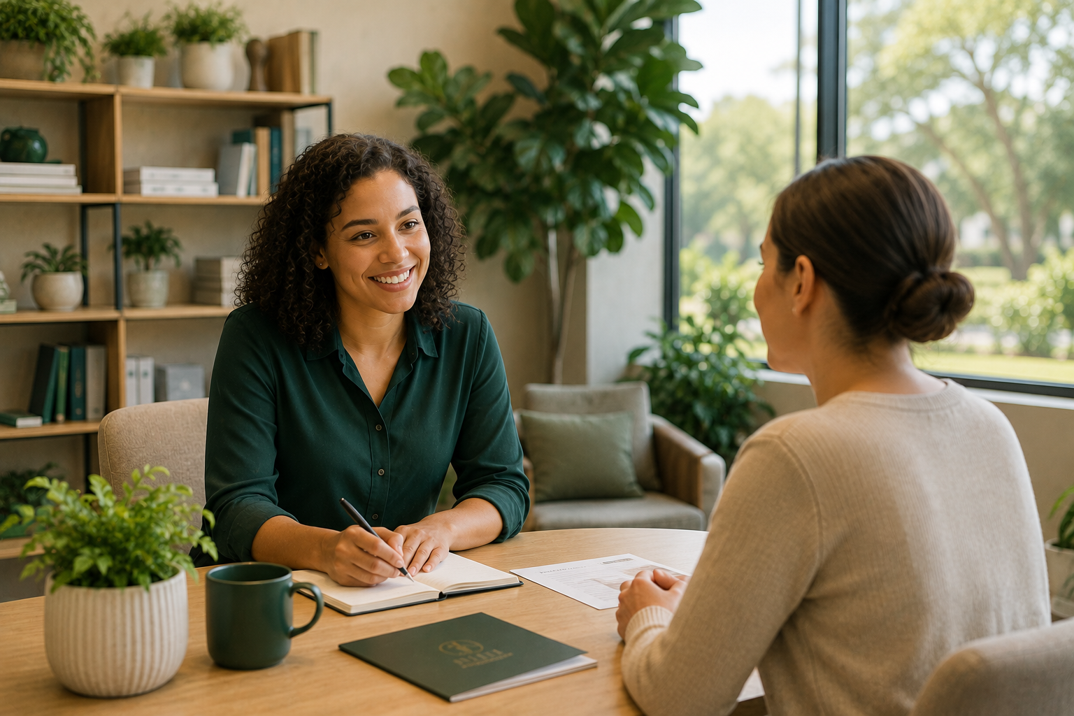 A warm recruitment interview in a modern Australian office, with a NIEL-branded folder and emerald brand accents on the desk