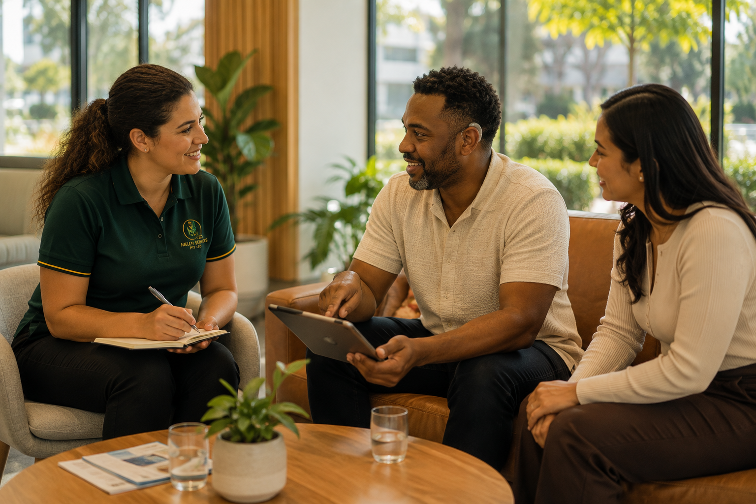 A NIEL support worker in an emerald uniform listens attentively while taking notes during a warm consultation with a couple in a bright modern lounge