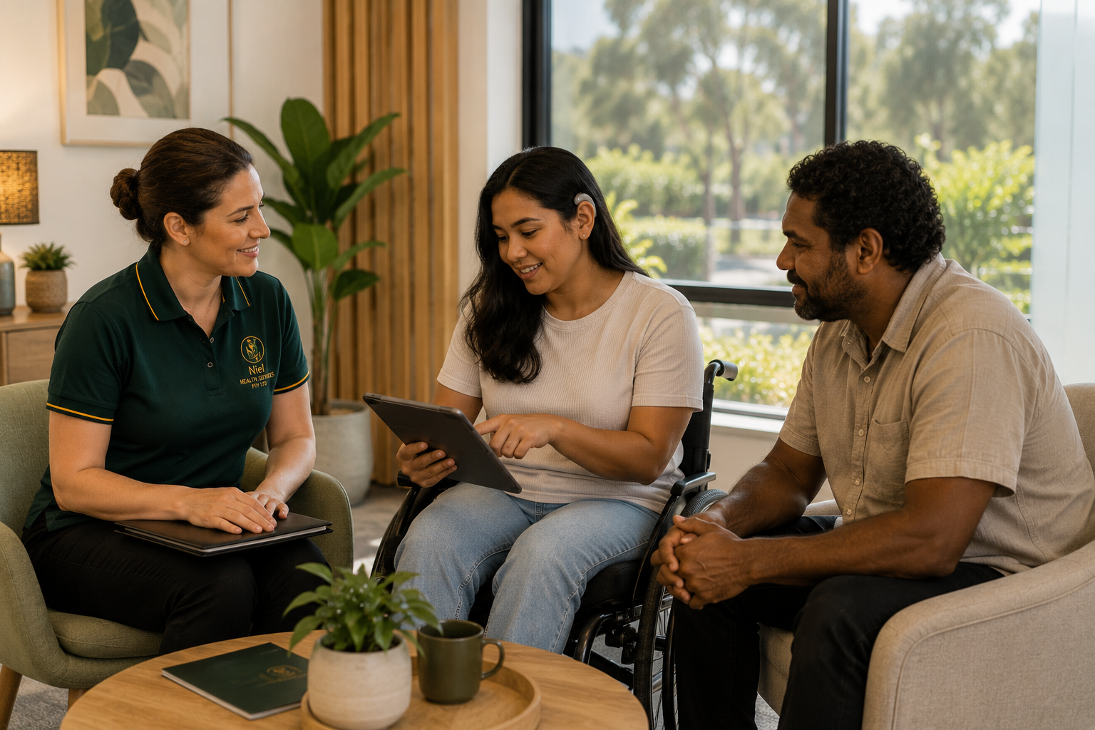 NIEL support worker in an emerald uniform discussing options with a participant who uses a wheelchair and their partner in a warm, sunlit consultation lounge