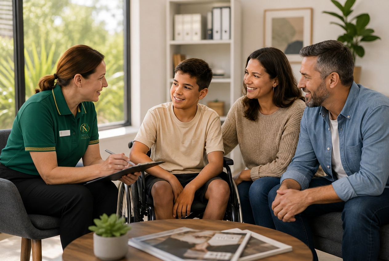 A NIEL Health Services support worker in an emerald polo with gold trim and the Niel logo sits with a young boy in a wheelchair and his parents during a warm consultation in a bright Australian home.