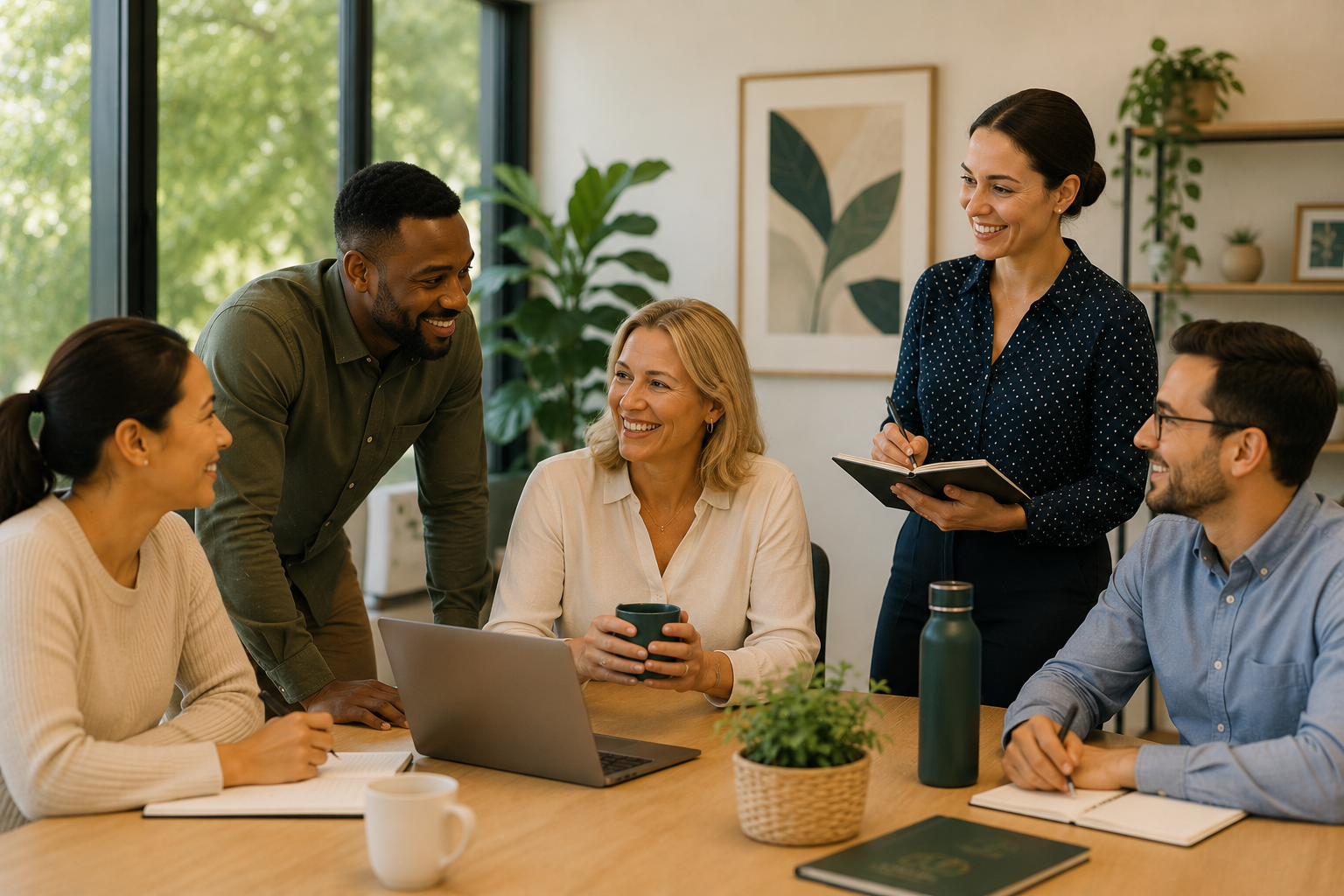 Niel Health Services team members collaborating around a table in a bright, modern office