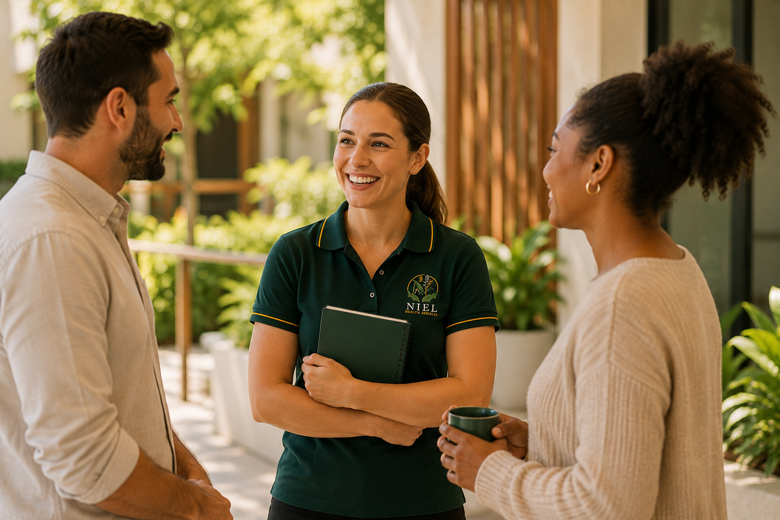 A smiling Niel Health Services support worker in an emerald and gold uniform talking with a man and a woman in a bright modern outdoor setting