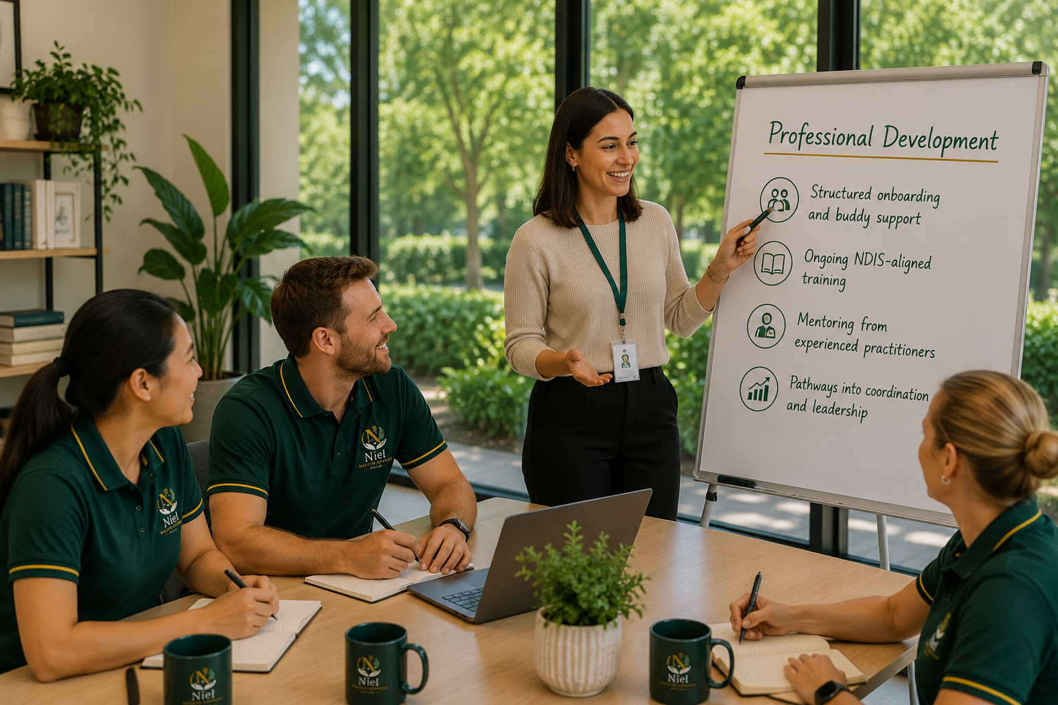 A facilitator presenting professional development principles to a diverse Niel Health Services team in a bright modern training room with garden views
