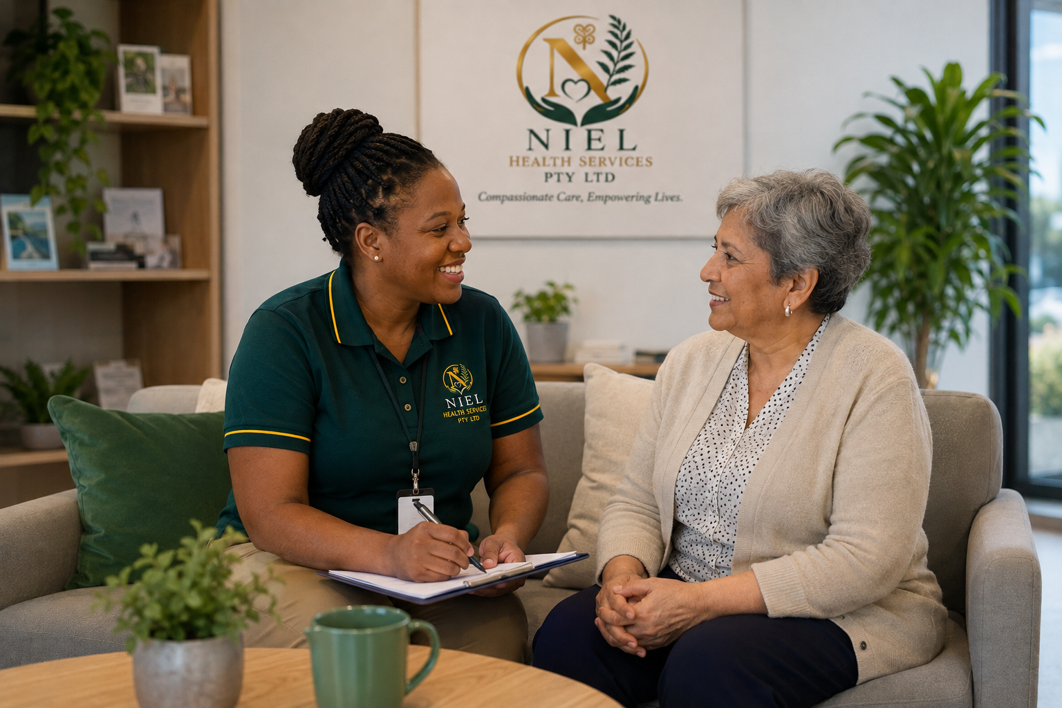 A Niel Health Services support worker in an emerald polo shares a warm conversation with a participant, listening attentively and building trust